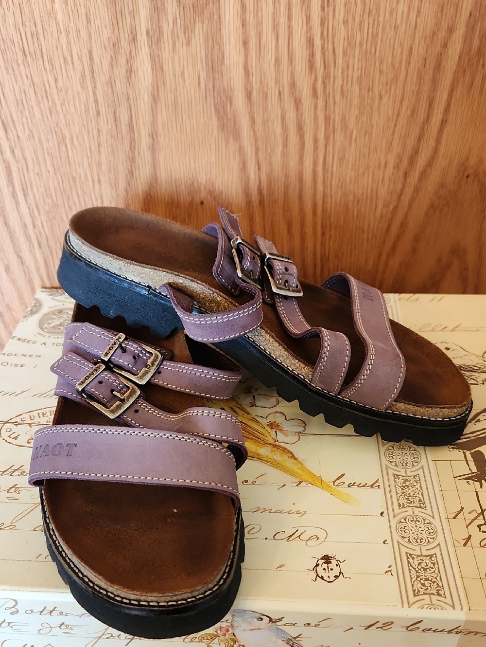 Naot Purple Double-Buckle Leather Slide Sandals
